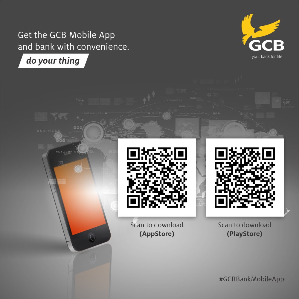 GCBBankPLC's tweet photo. Explore the world of banking options on our GCB Mobile App. Scan to download. 

#DoYourThing #DigitalSolutions #MobileBanking #GMoney #GHQR #QRCODE #MobileMoney #Payments #Online #Cashless #LessCash #SelfRegister #Convenient #GCB #YourBank4Life https://t.co/SuaDNeRXyc