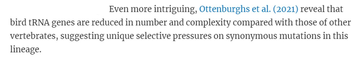 Our recent paper on tRNA evolution in birds is part of a special section in <a href="/GenomeBiolEvol/">GBE (Genome Biology and Evolution)</a> on synonymous mutations.😃
academic.oup.com/gbe/article/13…

Here is the link to the tRNA story with <a href="/keyi_G/">Keyi</a>, <a href="/alexander_suh/">Alexander Suh 서상재</a> &amp; <a href="/ClaudiaKutter/">Claudia Kutter</a> 🧬
academic.oup.com/gbe/article/13…

#ornithology #genomics