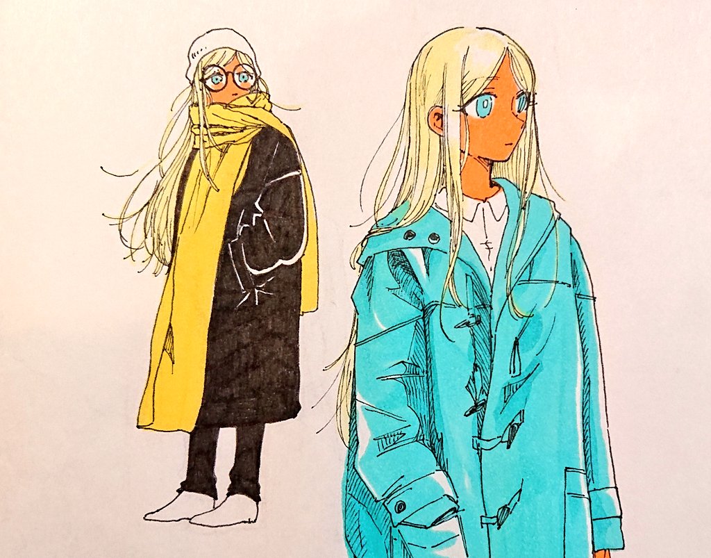 long hair blonde hair 1girl dark skin glasses scarf coat  illustration images