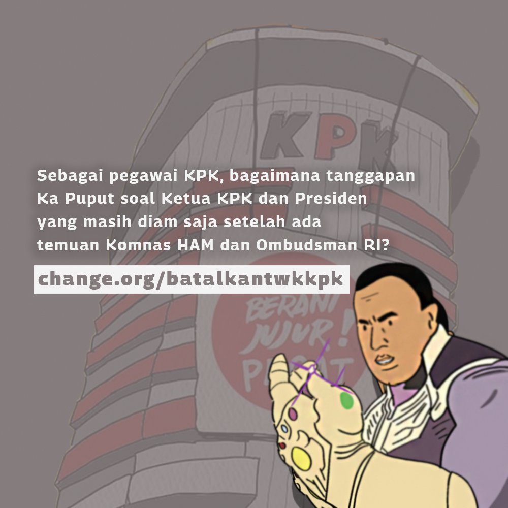 Sebagai pegawai <a href="/KPK_RI/">KPK</a>, gimana tanggapan ka <a href="/arti_put/">Tri Artining Putri</a> soal ketua <a href="/KPK_RI/">KPK</a> dan Pak <a href="/jokowi/">Joko Widodo</a> yang masih diam setelah ada temuan <a href="/KomnasHAM/">HAM untuk Semua!</a> dan <a href="/OmbudsmanRI137/">Ombudsman RI</a>? 

#BeraniJujurPecat #EndGameKPK #TWKKPKwkwk