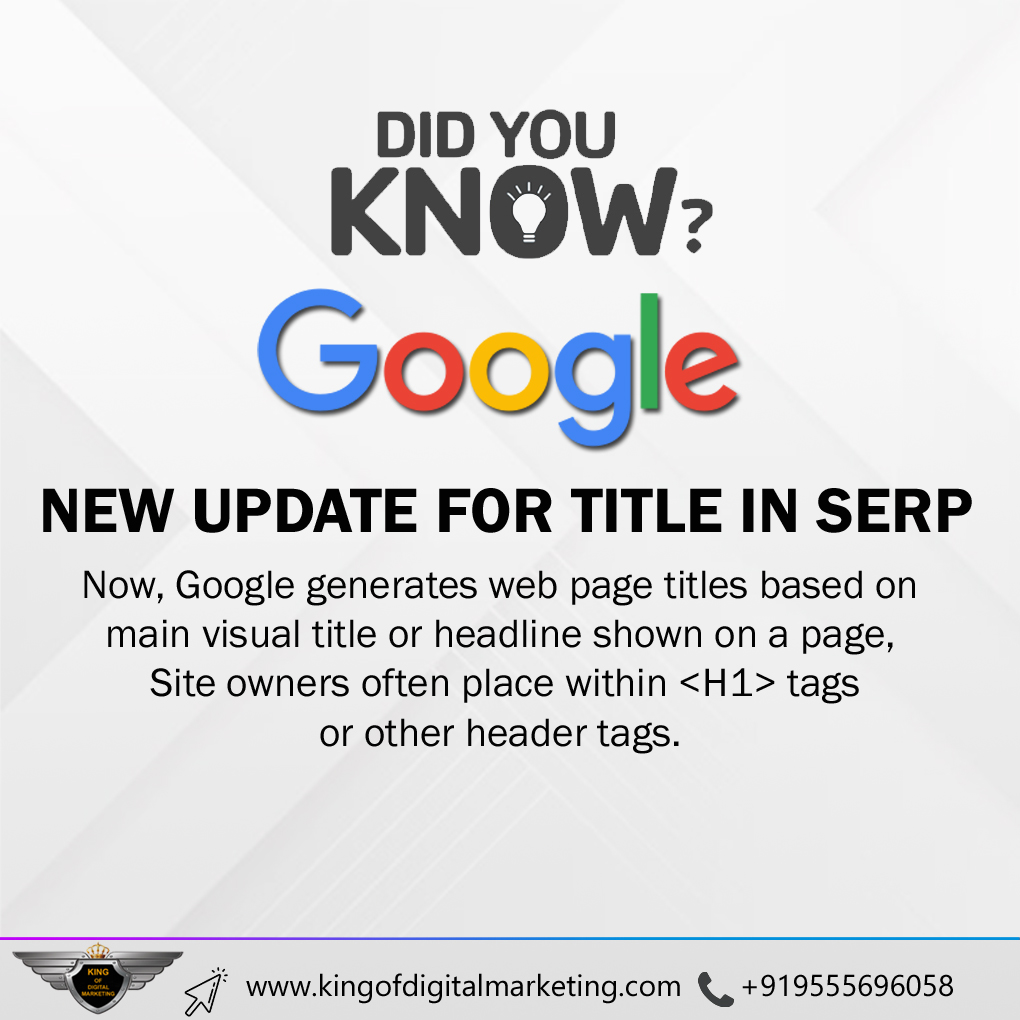 kingofdgtlmrkt's tweet image. #DIDYOUKNOW?
#GOOGLENEWUPDATE FOR #TITLE IN #SERP

Now, #Google generates #webpage titles based on the main visual title or headline shown on a page, Site owners often place within &amp;lt;H1&amp;gt; tags or other header tags.

#googleupdate #metatitle #titleupdate #pagetitle #Searchengine