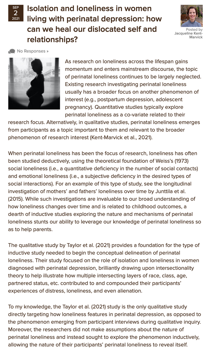 Mental_Elf's tweet photo. In her debut blog, Jacqueline @kent_marvick reviews a qualitative study by @billie_lt @SWMH_IoPPN @soniajohnson @AngelaCSweeney et al, which explores the role of isolation &amp; loneliness in the narratives of women diagnosed with perinatal depression.
https://t.co/i7XHFGFoIA https://t.co/nu1mvyADMo