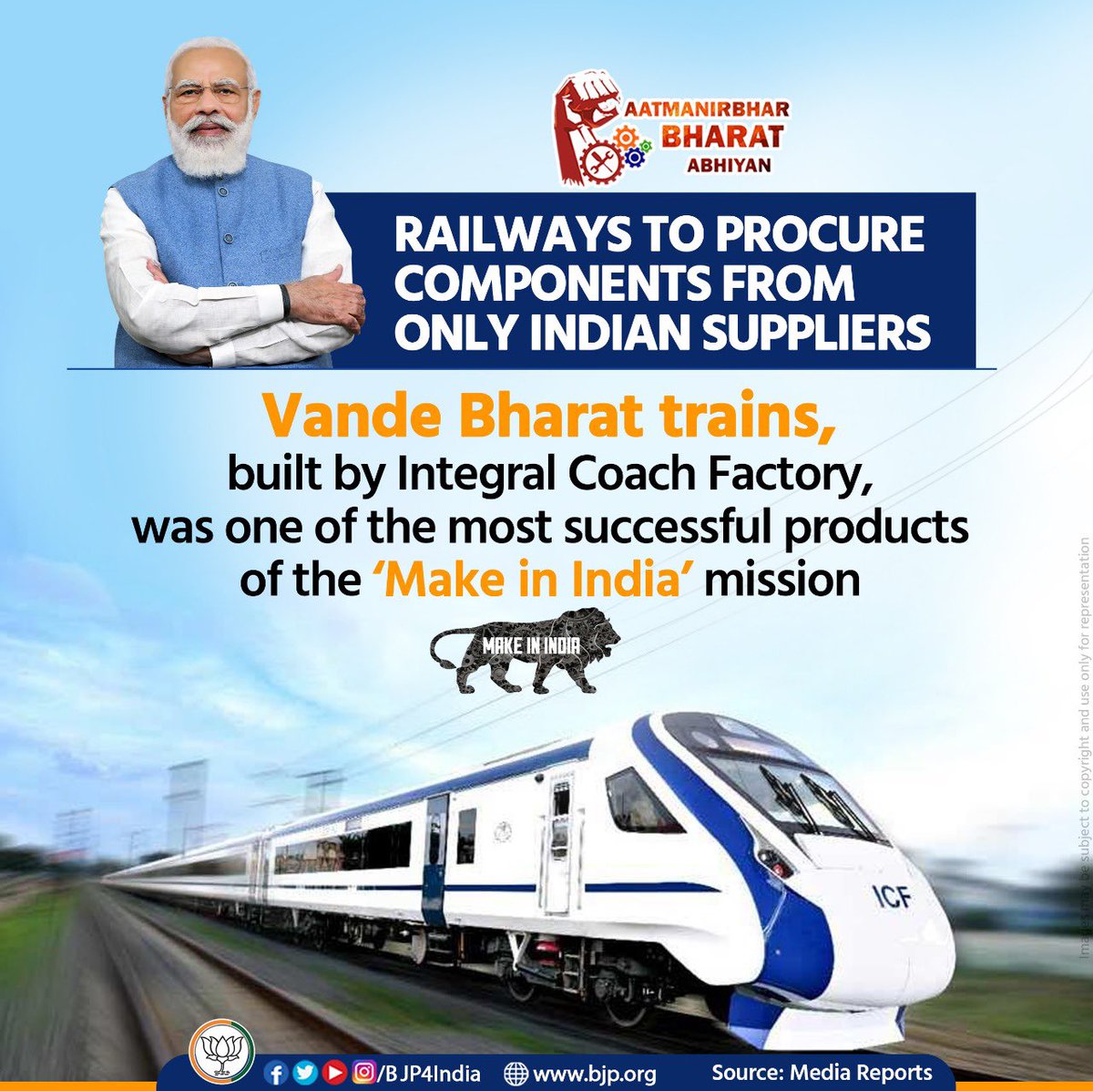 Anurag_Office's tweet image. Giving boost to #AatmanirbharBharatAbhiyan, Railways will procure all components for Vande Bharat trains only from Indian suppliers.

Vande Bharat trains have been one of the most successful products of the #MakeInIndia mission.

#TransformingRailways