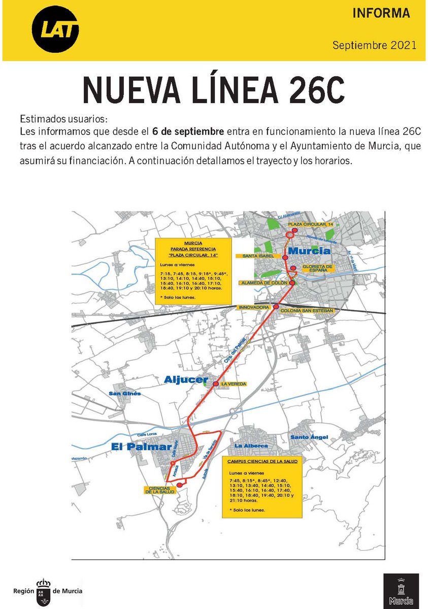 📢📢#Aviso#AutobusesLat📢📢A partir del lunes 6 de septiembre entra en funcionamiento la nueva línea 26C👇