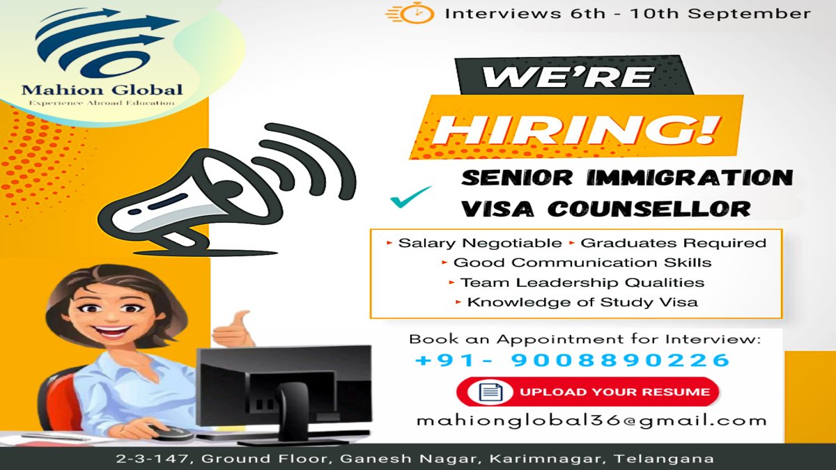 Mahion global Educational Consultancy (@mahionglobal) on Twitter photo **๐ข๐ฆ๐ฆ๐๐๐ข๐๐ญ๐ ๐๐จ๐-๐๐ฉ๐๐ง๐ข๐ง๐ **
Job Title: Student immigration counselor/Abroad education executive
Job location: ๐๐๐ซ๐ข๐ฆ๐ง๐๐ ๐๐ซ
Experience: 1- 3 Yrs.
Mandatory: Excellent communications skills
Shift: 9.30 AM to 6.30 PM IST
Immediate joiners are preferred. **๐ข๐ฆ๐ฆ๐๐๐ข๐๐ญ๐ ๐๐จ๐-๐๐ฉ๐๐ง๐ข๐ง๐ **
Job Title: Student immigration counselor/Abroad education executive
Job location: ๐๐๐ซ๐ข๐ฆ๐ง๐๐ ๐๐ซ
Experience: 1- 3 Yrs.
Mandatory: Excellent communications skills
Shift: 9.30 AM to 6.30 PM IST
Immediate joiners are preferred.