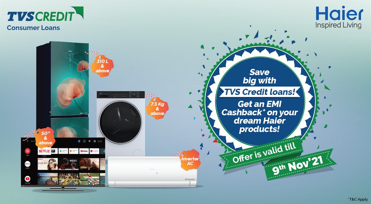 TVSCredit's tweet photo. This festive season, avail exciting #Offers from #TVSCredit! Planning to purchase your dream #Haier product? You can now get an EMI #Cashback* with a loan from TVS Credit.
Click here to know more:
https://t.co/6xjm8KLfbo
*T&C Apply. #ConsumerDurableLoans #EMICashback #Haier https://t.co/ch3vs5KX0Q