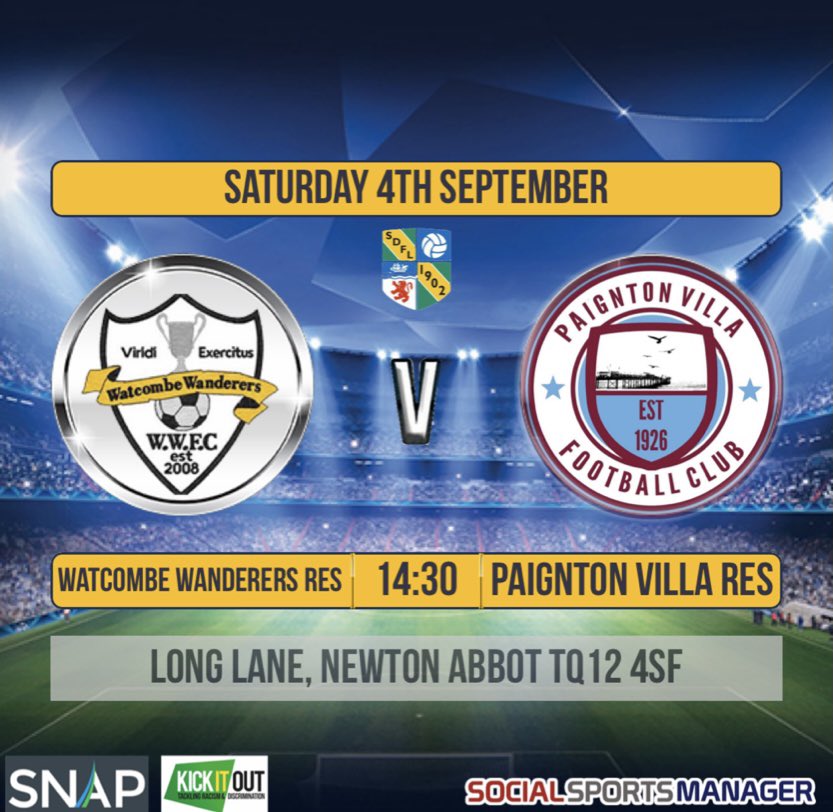 So this Saturday brings the start of the season for the men’s South Devon league! 

On the agenda for the reserves is a trip away to Watcombe. 

⚽️Paignton Villa 2nds vs Watcombe Wanderers 2nds 
🗓 Saturday 4th of Sept 
📍Long Lane, Newton Abbot, TQ12 4SF 
⏳14:30 kick off