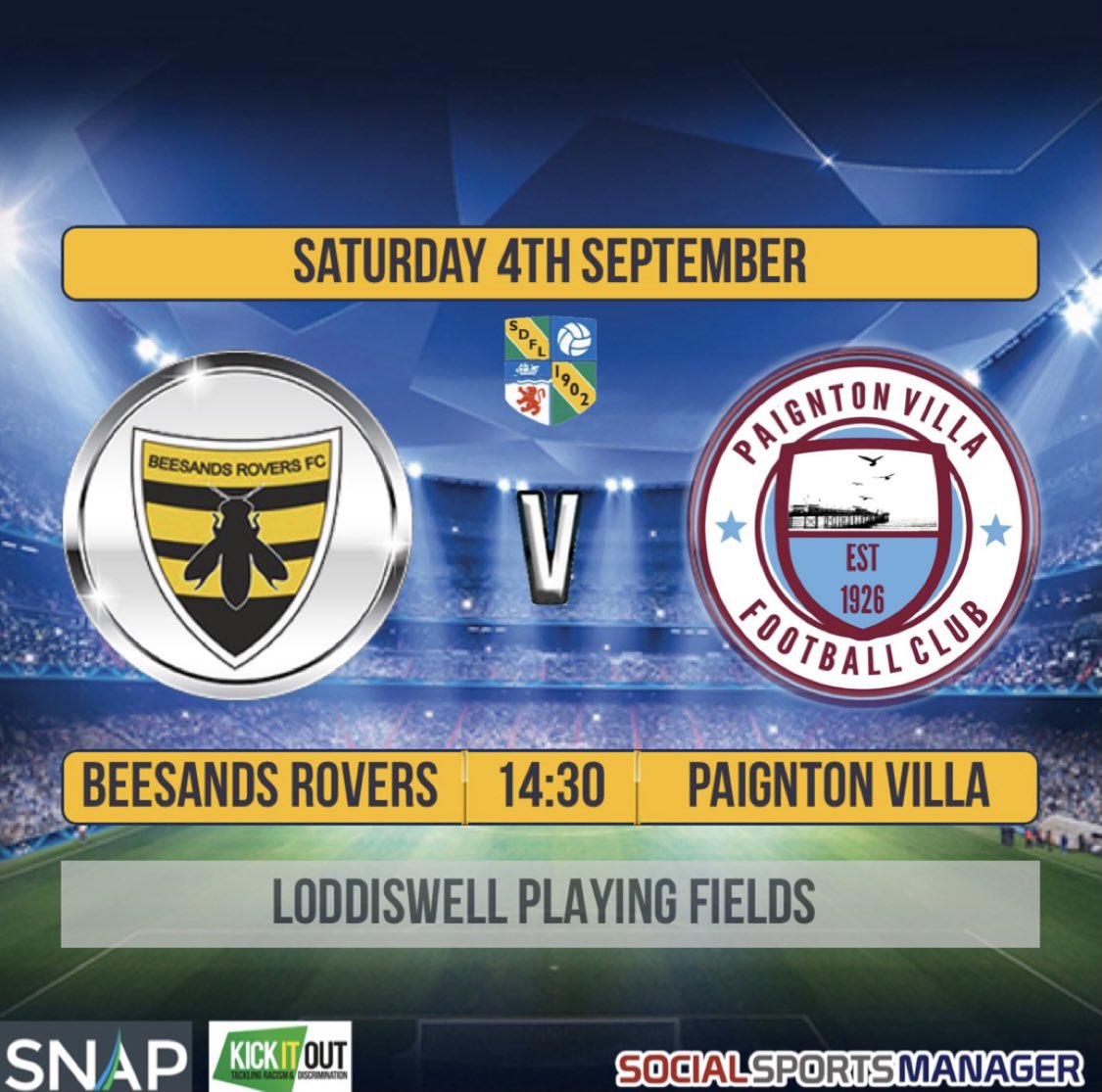 So this Saturday brings the start of the season for the men’s South Devon league! 

On the agenda for the first team is a trip away to Beesands. 

⚽️Paignton Villa 1sts vs Beesands Rovers 1sts
🗓 Saturday 4th of Sept 
📍TQ7 4QU Loddiswell playing fields 
⏳14:30 kick off