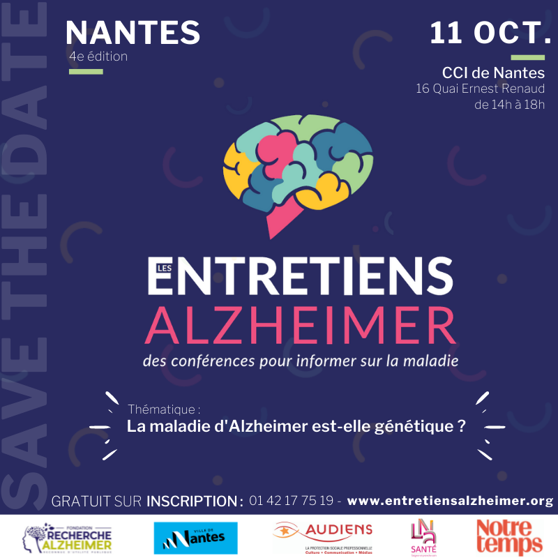 [📆#savethedate] Pour s'informer sur les actions novatrices menées pour accompagner des personnes âgées atteintes par la maladie d’#Alzheimer, c'est lundi 11 octobre à #Nantes ! 
🎫 Inscription aux #EntretiensAlzheimer 👉 entretiensalzheimer.org/index.php/nant…