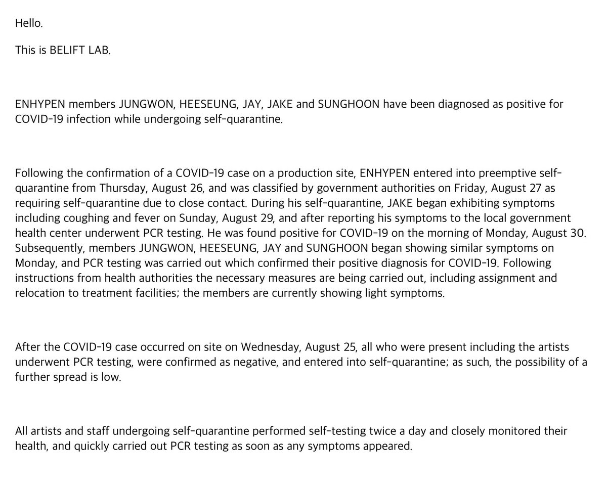 บีลีฟแจ้งว่า สมาชิก ENHYPEN คือจองวอน ฮีซึง เจย์ เจคและซองฮุน ได้รับการตรวจว่าติดเชื้อโควิด-19 ระหว่างกักตัว มึงงง😭😭😭😭😭😭
