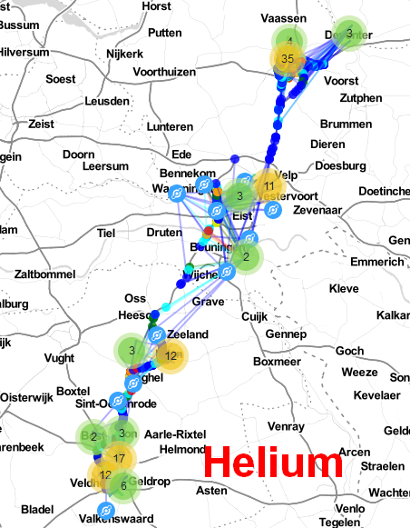 pe1mew's tweet photo. It is now official: @helium with 121 #hotspots outnumbered @thethingsntwrk with 37 #gateways on the same drive-test. Packet Success rate (PSR) is comparable due to distribution of hotspots and gateways. https://t.co/gJgydbumdU