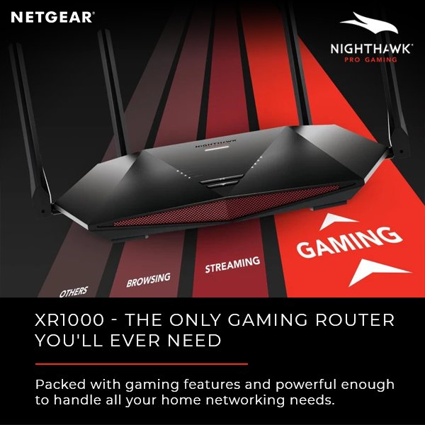 Netgear_India's tweet photo. Gaming + the new Nighthawk XR1000 Pro Gaming WiFi Router = a winning combination!
With features like these, you (and your WiFi connectivity) will be unstoppable!
.
.
.
#NetgearGaming #Nighthawk #XR1000 #PlayToWin #Gaming #Gamers #NoLag #HighSpeedRouter #FastWiFi  #Tech #MoreSpeed https://t.co/Tpqa6jOCAa