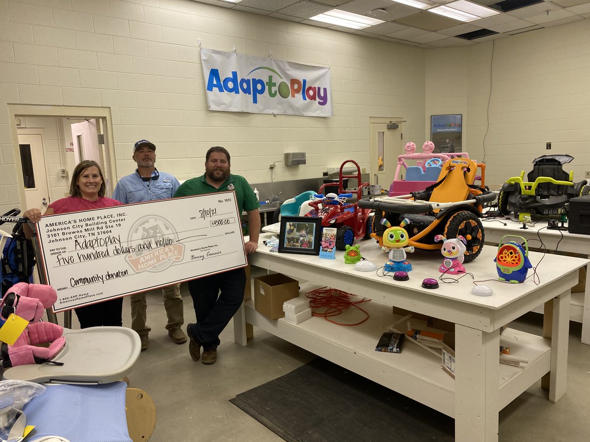 adaptoplay's tweet photo. We are so thankful to America's Home Place for choosing us for their August donation! We enjoyed showing them our new space and telling them more about us. #becauseplaymatters #GBG #adaptoplay https://t.co/A3UoU7S4NS