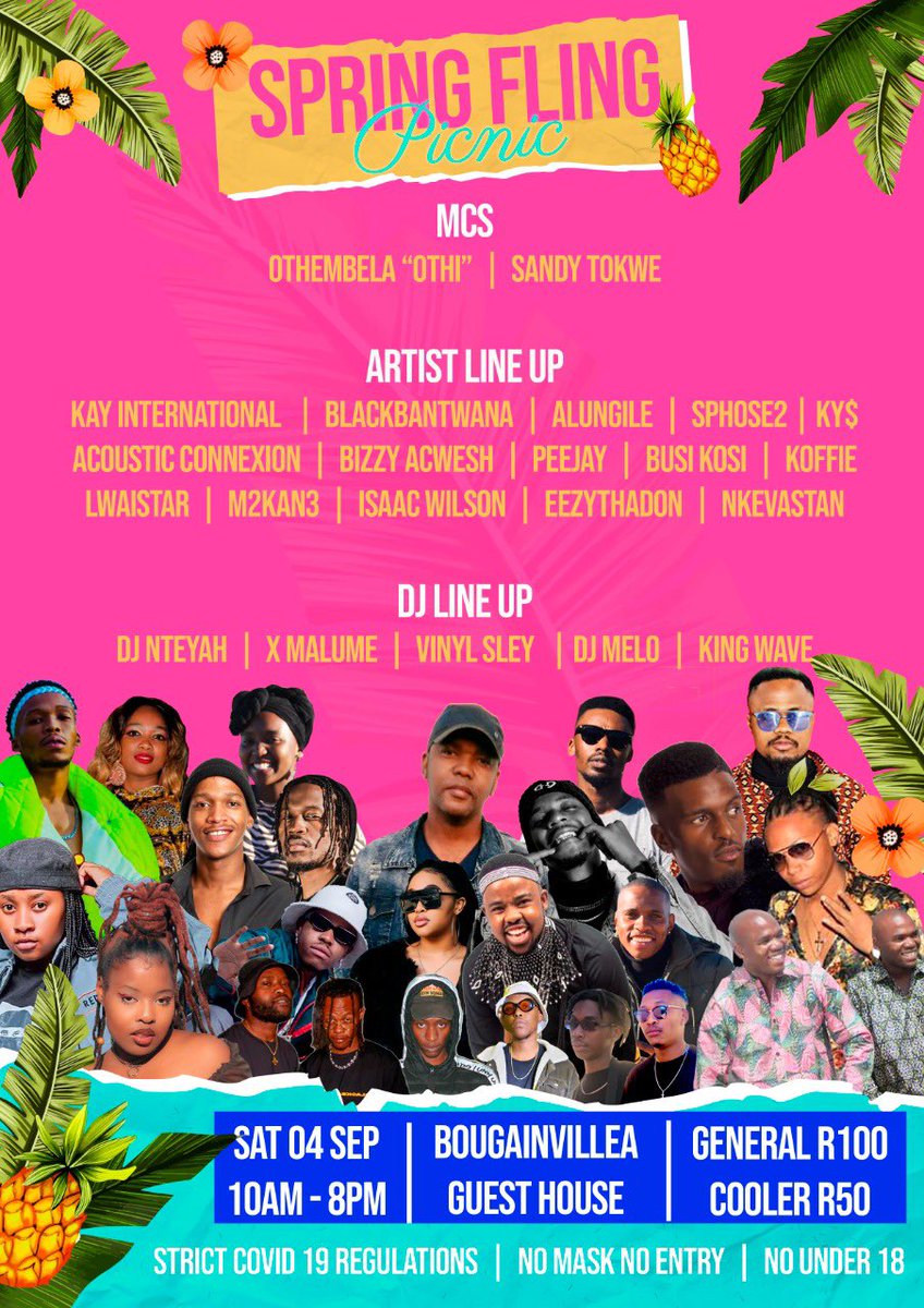 BackYardLive1's tweet photo. The biggest Spring party is happening in King Williams Town the #springflingpicnic .VVIP VIP is sold out and you can purchase general tickets at Malcom Andrew and TBY. You can DM @MihlaliBambeni @lwaistar_za @ZONKE_NKAYI @Spencericco for general tickets.๐ด๐๐ซ๐ด https://t.co/v6kACSPoue