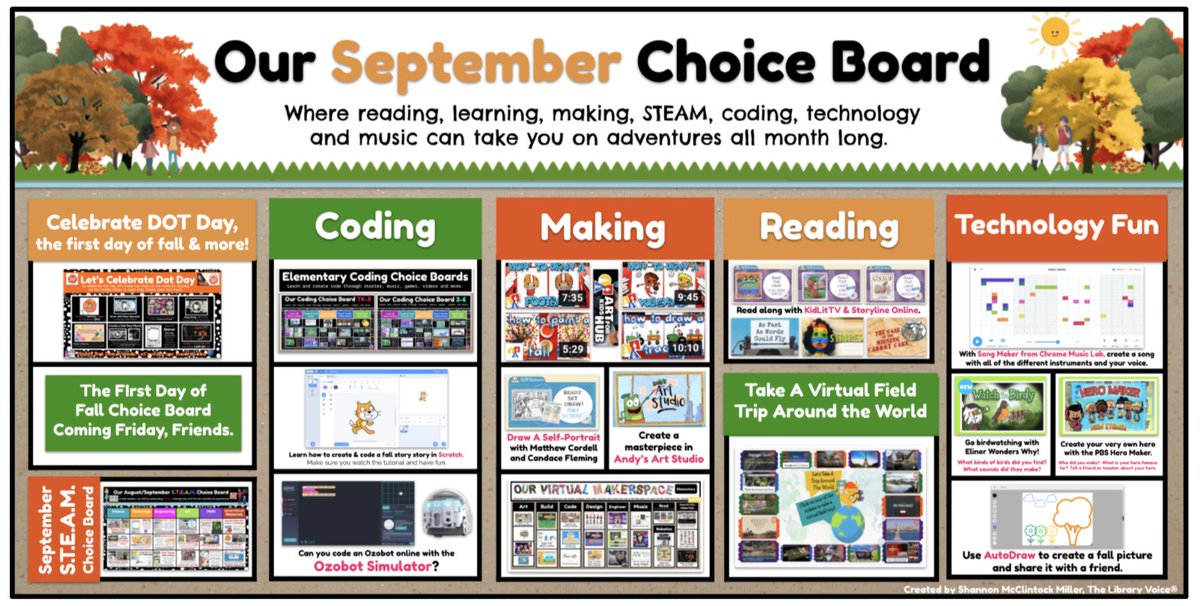 It's Here, Friends....Our September Choice Board! 🍁

There are activities for reading, learning, making, coding, tech, music and of course #InternationalDotDay and fall. 

buff.ly/38xxT59 

#tlchat #futurereadylibs #edchat #edtech #choiceboard #iaedchat #vanmeter