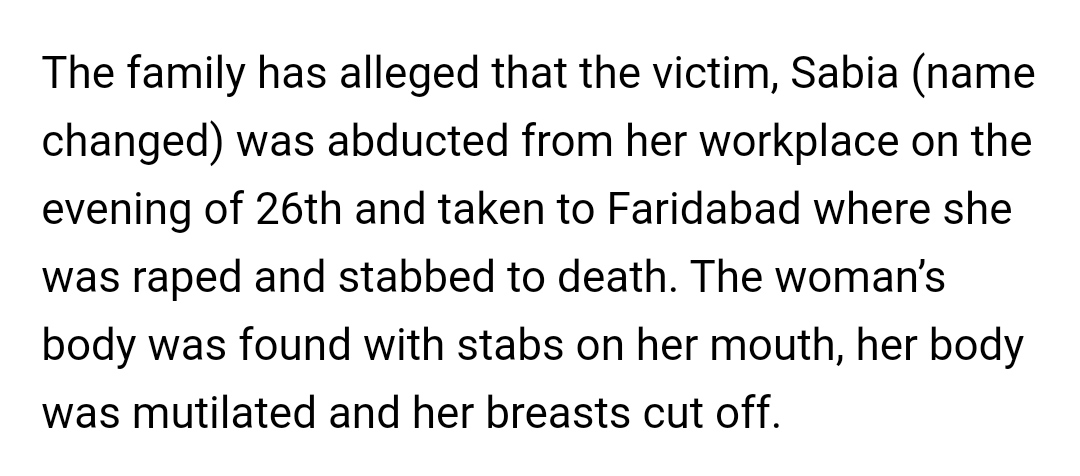 MuslimVoice_eng's tweet photo. A 21-year-old Delhi Civil Defence (DCD) employee Sabia Saifi was abducted, raped and brutally murdered on 26th August in Sangam Vihar, Delhi.

The family said that Sangam Vihar police station refused to accept and register their complaint.

#Delhi #SabiaSaifi #WomenRights https://t.co/bqeftYuFS8