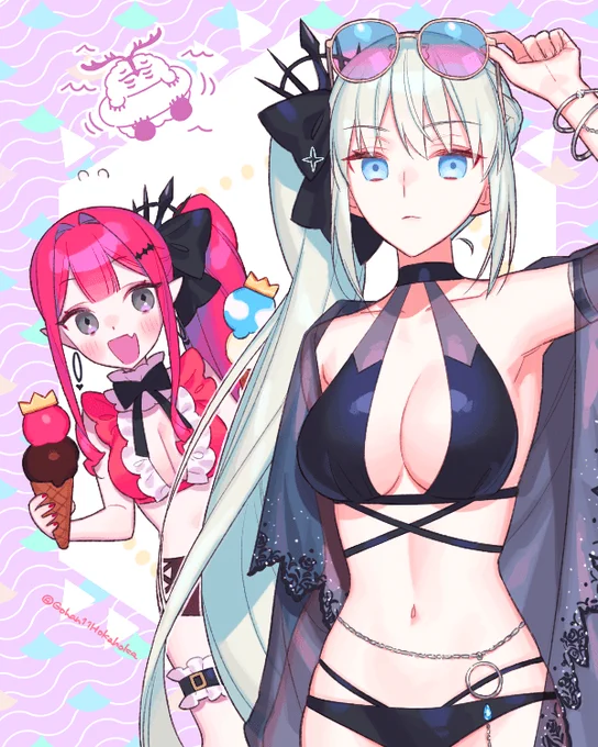 モルガン陛下とトリ子にどうしてもサマ～バカンスしてほしかったので描きました 