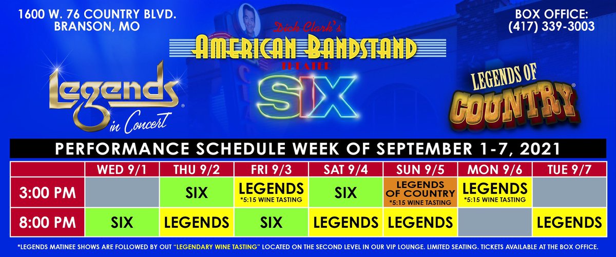 sixvocalgroup's tweet photo. Killer line-up this week! Full of 🥁🎵🎺🎉🎤👏🏻🎼🎹🎸🪕🥸! For 🎟 call 417.339.3003. *SIX Area Appreciation Now til Sept 10 ❤️💛💚💜💙#teal #SIXshow #legendsinconcert https://t.co/RrVnfANZ3g https://t.co/e4dQQcduLL