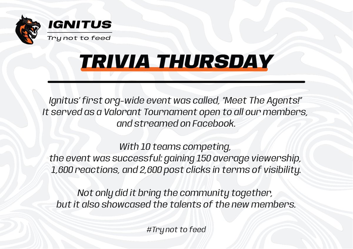 tntfIGNITUS's tweet photo. Meet The Agents was the first, and definitely not the last of IGNITUS events!

Wanna be a part of future events? Sign up to join the team using this link: https://t.co/rbKnQfhxCs

#TryNotToFeed https://t.co/B6FKERoAMF