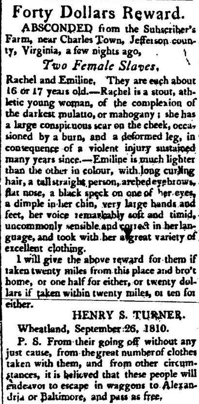 FromSlaves's tweet photo. RACHEL and I ran in September 1810 from Henry Smith Turner’s farm; I managed to take a good amount of clothing for us to change into. We may have gone east or north to freedom. I was called EMILINE. https://t.co/yEIBBUDIcm