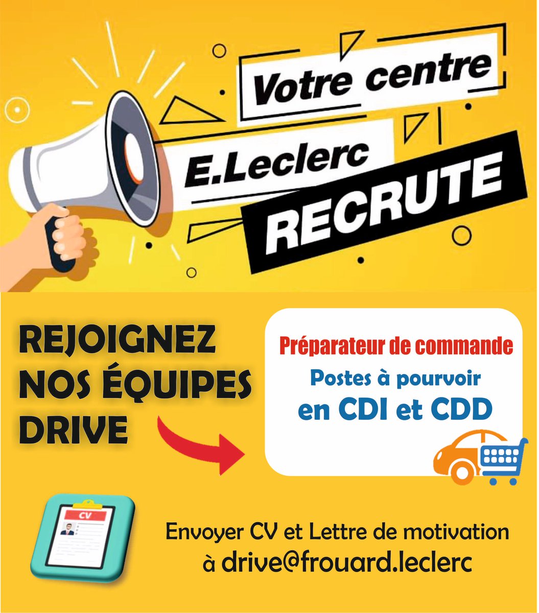 EleclercFrouard's tweet photo. 🚨| OFFRE D'EMPLOI | 🚨

Votre Drive https://t.co/upYBpoy1vr Frouard  recrute des employé(e)s commerciaux - CDD et CDI à temps plein.

Si vous êtes #motivés, #rigoureux, #dynamique et #méthodique, envoyez votre CV et lettre de motivation à l'adresse : drive@frouard.Leclerc https://t.co/DTBIrE5yNl