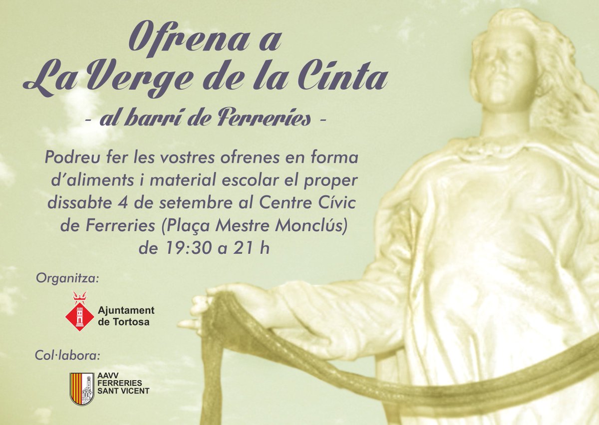 En una excepcional Ofrena on les associacions de veïns recolliran les ofrenes a cada barri, els membres de l’ AAVV de Ferreries us esperem dissabte al Centre Cívic, per a que res pugui parar la solidaritat #Cinta2021