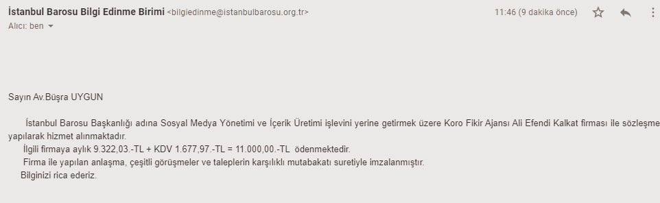 İstanbul Barosu'na sorduk:
"Baronun resmi sosyal medya hesaplarının yönetimi için kime ne ödenmektedir, teklif aşaması nasıl yürütülmüştür?"

Cevap: "Firma ile yapılan anlaşma, çeşitli görüşmeler ve karşılıklı mutabakatla imzalanmıştır. Firmaya ayda 11.000 TL.  ödenmektedir.”
