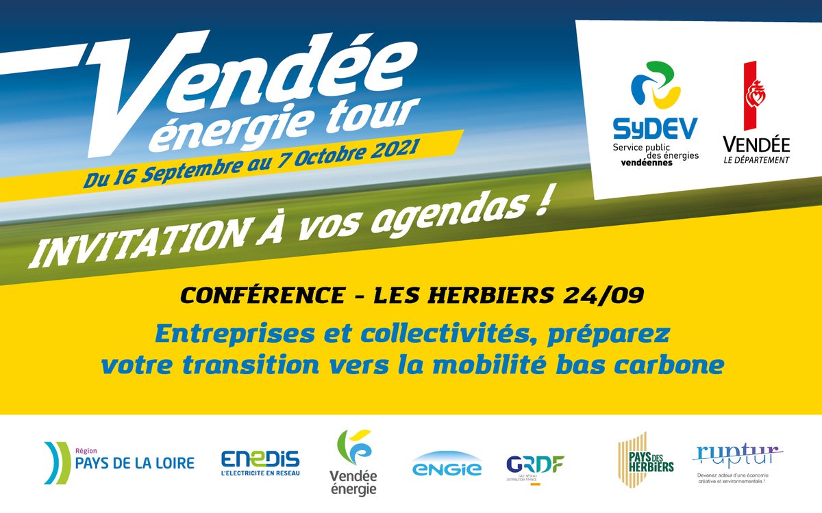 DefiElec's tweet photo. #VET Conférence du Vendée Energie Tour Les Herbiers 24/09 : préparer sa transition vers la #mobilité #décarbonée. https://t.co/xbIcchB7a1
@SyDEV_85 avec le @DepVendee  et @paysdelaloire @Enedis @ENGIE @GRDF @VendeeEnergie  @paysdesherbiers et @RupturEcoBleue https://t.co/kLl7vRheYg