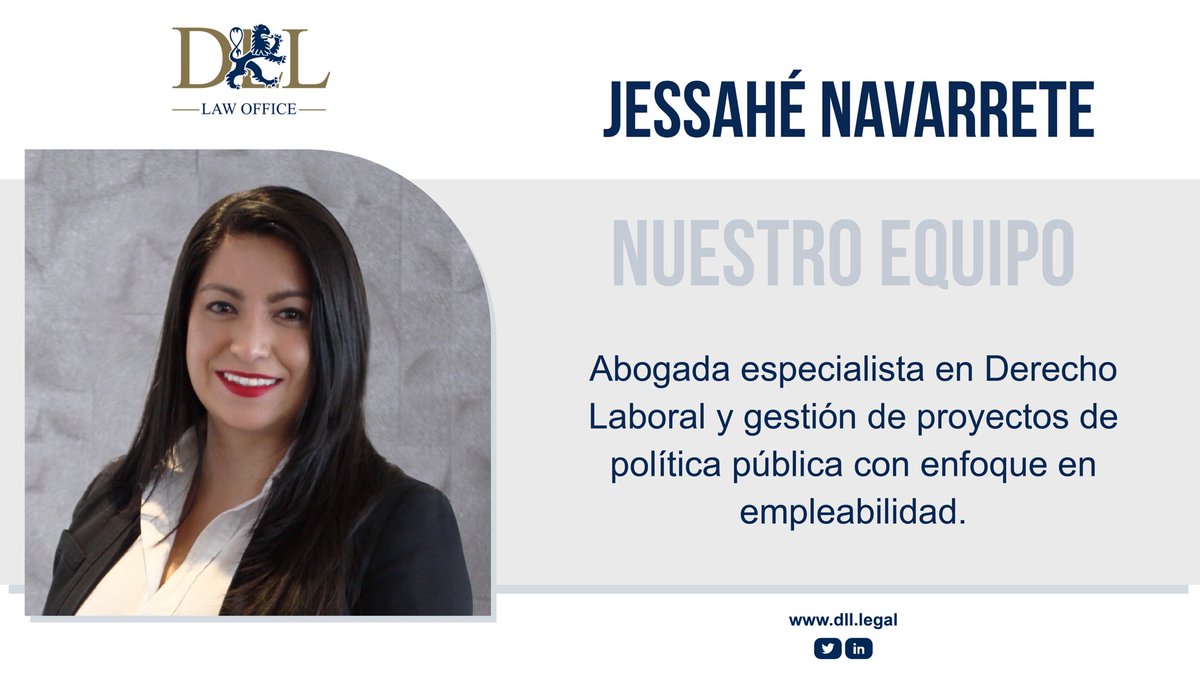 👉Conoce a nuestro equipo 

<a href="/JessaheNV/">Jessahé Navarrete</a>👩🏻‍💼⚖️ 

Especialista en Derecho Laboral📊💼 Su experiencia en el sector público la hace experta en gestión de proyectos de política pública, con especial énfasis en empleabilidad💯 #DLLAbogados #EquipoDLL #LaLegitimidadEnLaLey
