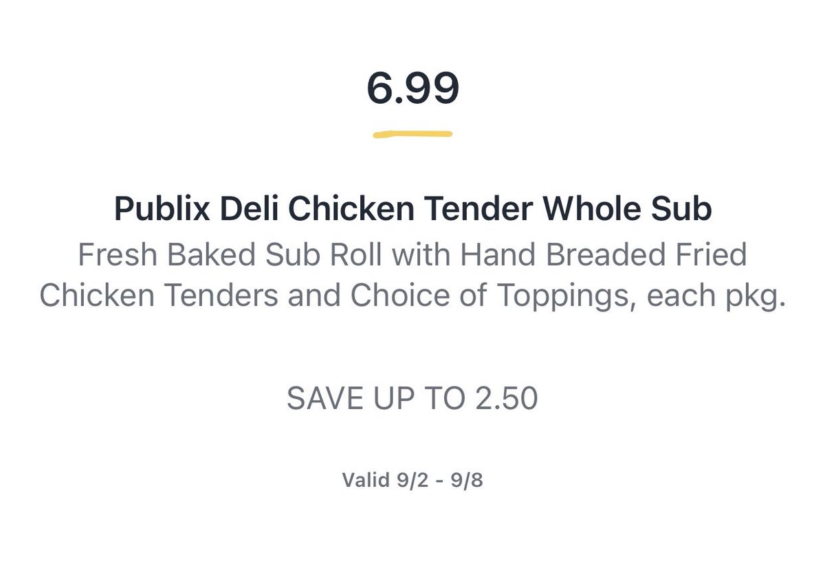 PubSubs_on_sale's tweet photo. Yes!

Publix Chicken Tender subs are $6.99 (9/2-9/8). https://t.co/XVsHrBRxT6