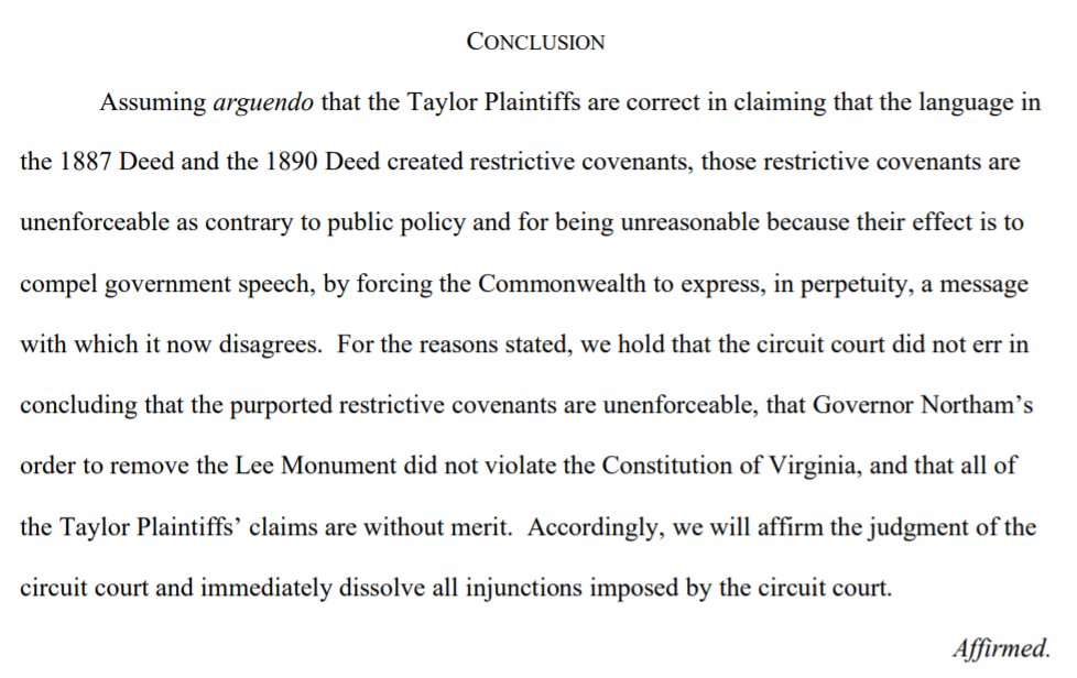 The Supreme Court of Virginia's ruling on the Monument Ave. Lee statue is in.

It's a win for @governorva, which means Lee's coming down

virginiamercury.com/2021/09/02/va-…