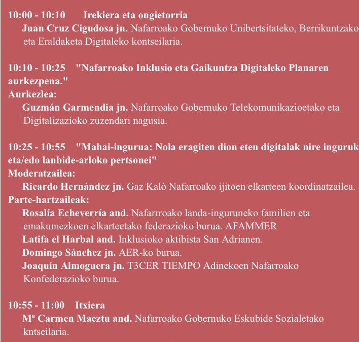 🗓Este lunes a las 10.00h presentamos el Plan de Inclusión y Capacitación Digital
👥Un plan para reducir la brecha digital que se centra en las personas
📍Casa Cultura San Adrián
📋Inscripciones en dgtd@navarra.es o 848427991 (necesario para controlar aforos) o únete en streaming