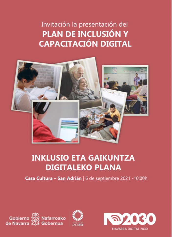 CigudosaJuan's tweet photo. 🗓Este lunes a las 10.00h presentamos el Plan de Inclusión y Capacitación Digital
👥Un plan para reducir la brecha digital que se centra en las personas
📍Casa Cultura San Adrián
📋Inscripciones en dgtd@navarra.es o 848427991 (necesario para controlar aforos) o únete en streaming https://t.co/EyghiC7qLB