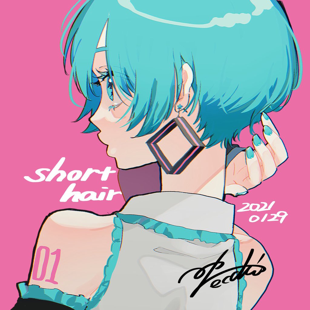 hatsune miku 1girl jewelry earrings solo alternate hair length nape pink background  illustration images