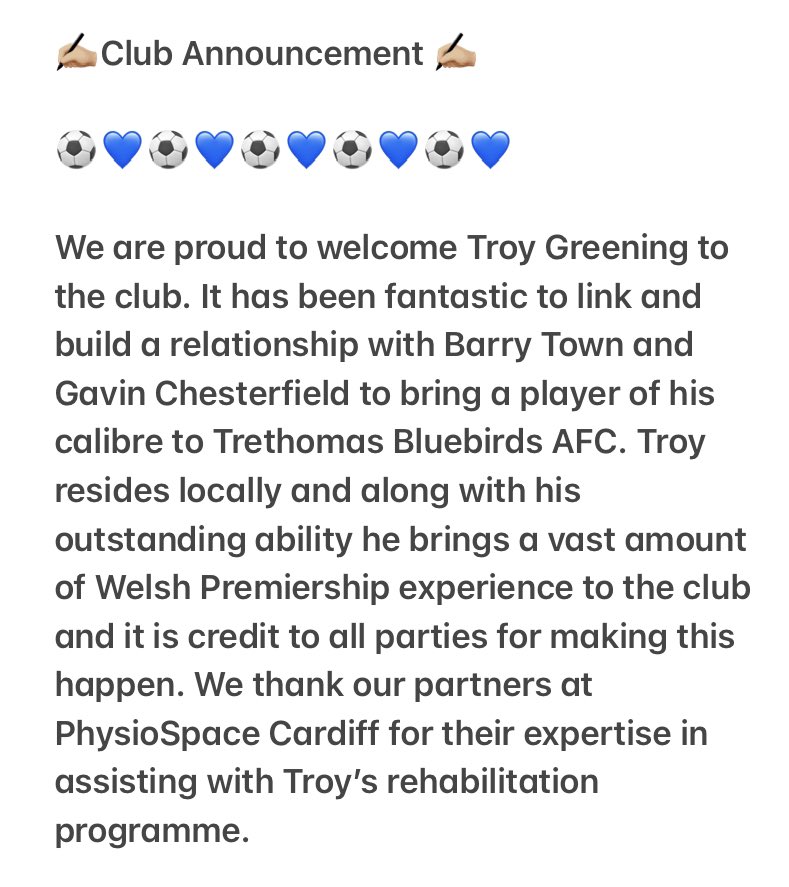 TreBluebirdsFC's tweet photo. We are absolutely delighted to welcome Troy to the club. A massive thank you to @BarryTownUnited for their support with the move and to our partners @physio_space for their work with Troy’s rehabilitation. https://t.co/98BYrSzSo4