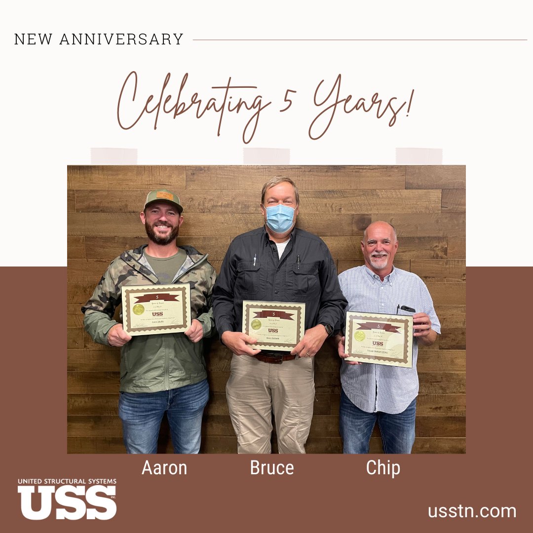 USS_TN's tweet photo. 🎉 Congratulations to Project Managers Aaron, Bruce, and Chip on their FIVE YEAR anniversary with USS! 🎉  We love these guys because they put the customer first! Thank you for all that you do for our customers and team.  🎉  We appreciate you! 🎉 https://t.co/ENdeB3kmgy