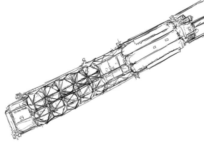 宇宙タグボートを描くにあたっての宇宙タグボートがないとどうしようもなさそうなくらいでかい貨物船のラフ 