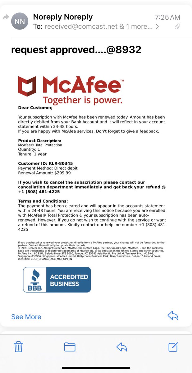 EvanMintzer's tweet image. Hey @comcast - how are your email filters so bad that legitimate email gets marked as SPAM (no matter how many times I click Not SPAM) but crap like this gets through? #WhatSecurity