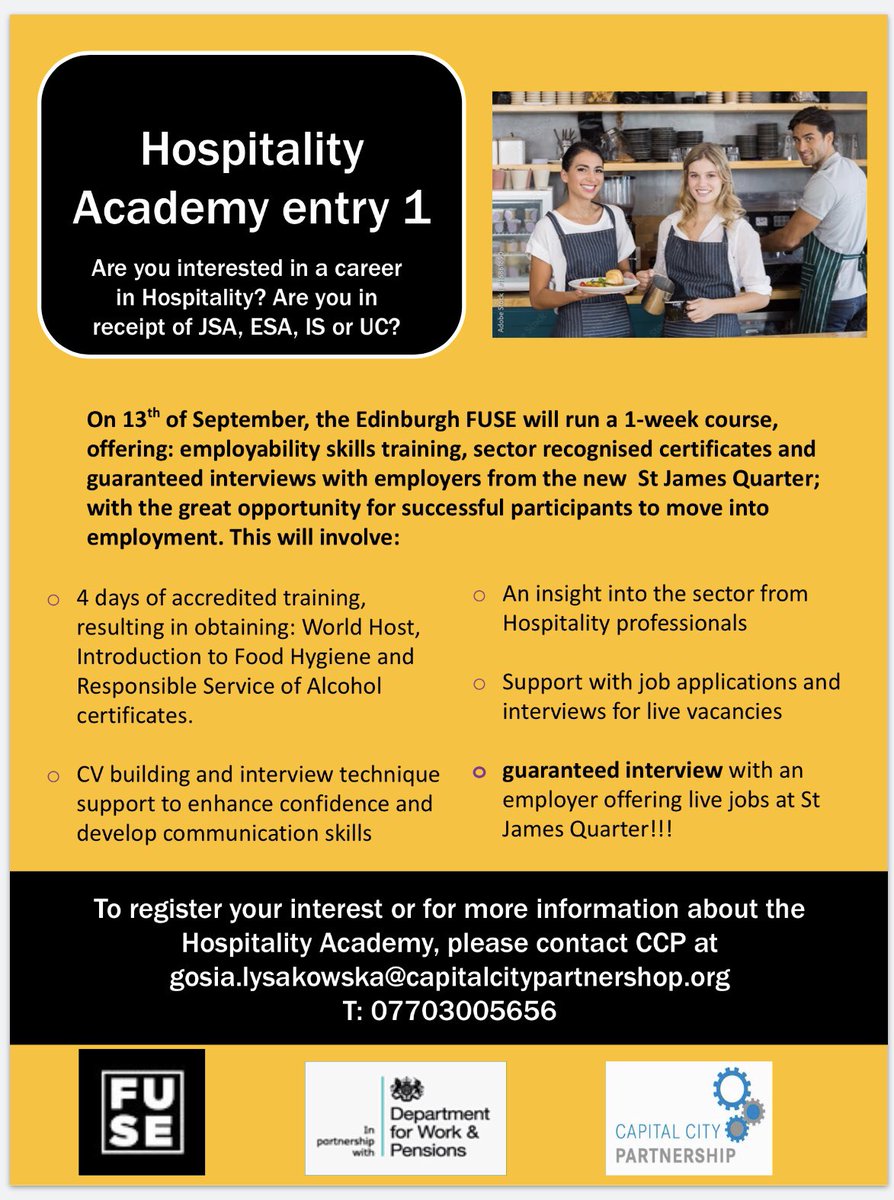 Gosia_CCP's tweet photo. We still have few places available on our Hospitality Sector Academy. It’s an unique opportunity for people to gain sector recognised certification and move on to meaningful job quickly. Please email/message me for details. @FuseEdin @CapitalCityPart @DWP https://t.co/25NGHPeudR