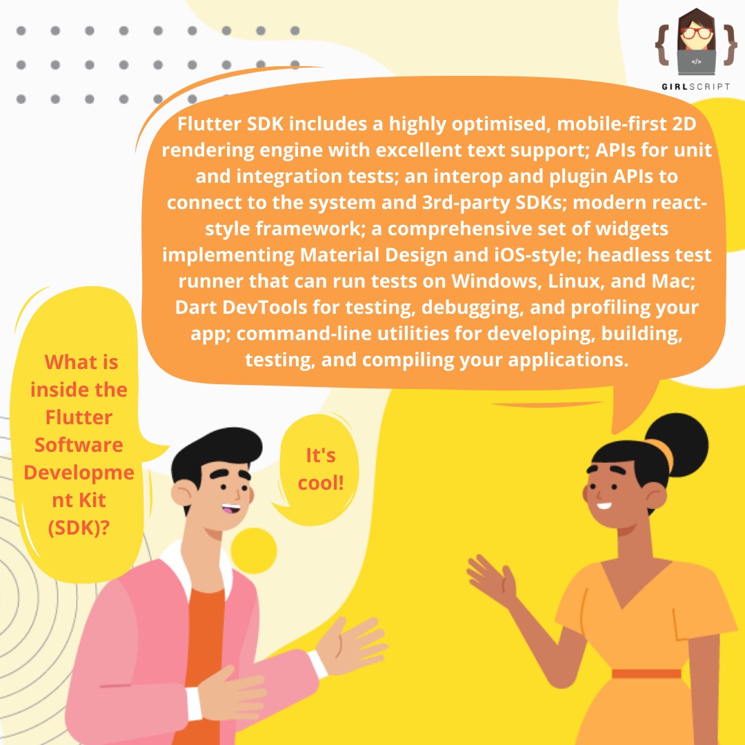 Girlscript1's tweet photo. We're back here again to discuss about Flutter. 
Now, let's look at what the #Flutter SDK is. What does it contain? 🧐

And there's much more.😃

Have a look. Want to add something about flutter…join the conversation. In the comments, let us know your views on the flutter.👇

🧵 https://t.co/SBw8AElodU