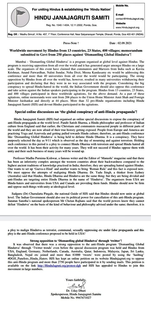SG_HJS's tweet photo. Hindus across the Globe raised a slogan- "Uniting Global Hindutva" against the #DismantlingGlobalHindutva Conference

13+ Countries
25+ states /400+ cities in India

TOOK PART
AND brought their anti-Hindu perspective to light
#DGH_Panelists_Hindu_Haters
@HMOIndia @Rajput_Ramesh https://t.co/EzSmkWJujy