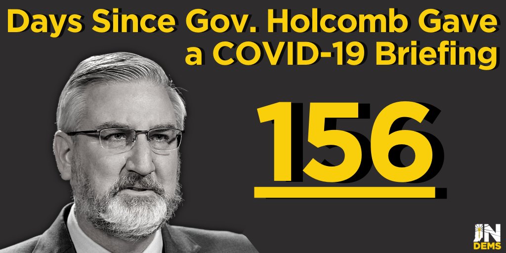 INDems's tweet photo. It is an absolute shame @GovHolcomb refuses to hold a public address about how Indiana will put a stop to #COVID19. And for the last 156 days, Holcomb has forced the media to chance him down for answers on the pandemic. That’s not leadership, it’s partisanship. https://t.co/HdCbX4WK9q