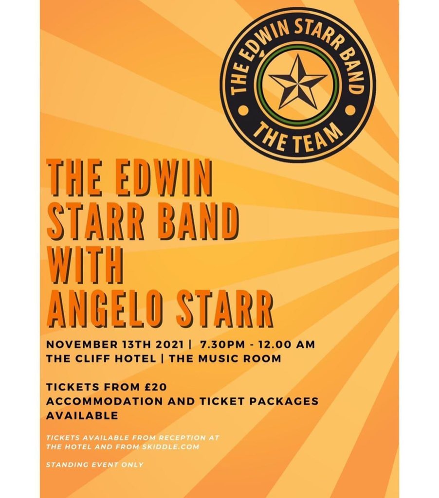 The Edwin Starr Band with Angelo Starr will be performing here at The Cliff Hotel on November the 13th! 🙌🏼.
.
Tickets available from Skiddle or from reception at the hotel!.
.
For more info email reception@thecliffhotel.co.uk.
.

#thecliffhotel #theedwinstarrband #angelostarr