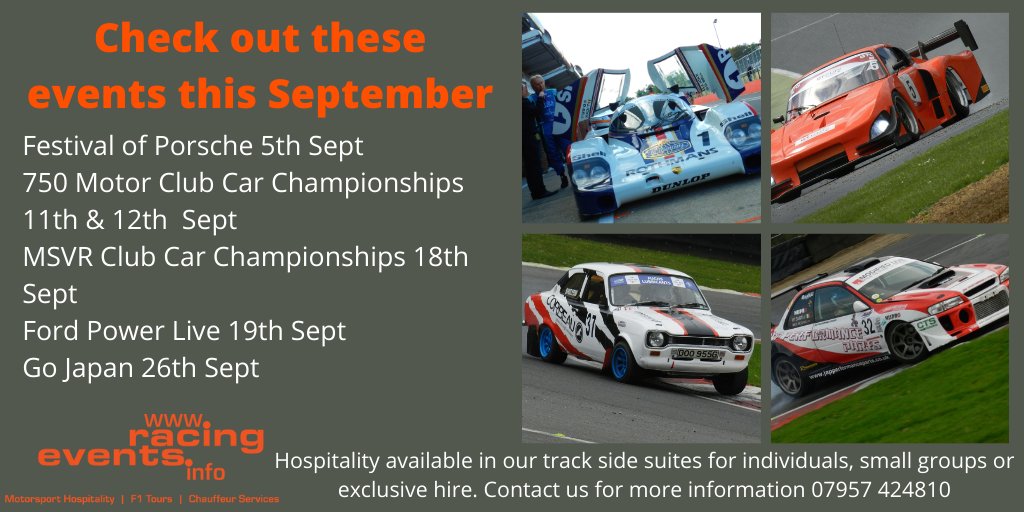 RacingEvents's tweet image. Check out these fantastic events taking place in September. 

Watch all of the action and enjoy our excellent hospitality packages in the comfort of one of our ground floor suites.

Call 07957-424810 / Admin@RacingEvents.info 

#EVENT #motorsport #FamilyFun #brandshatch
