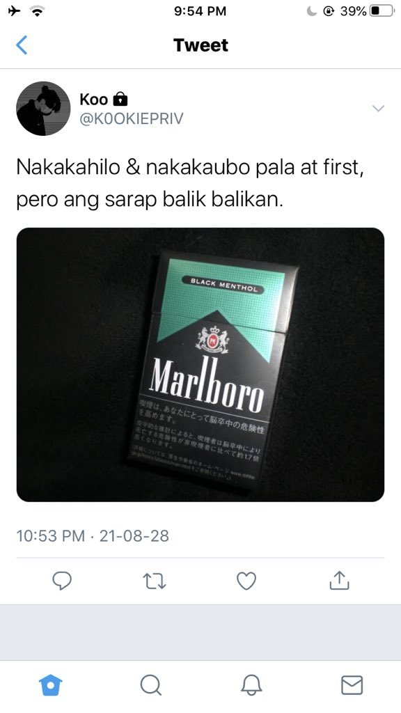 PARKSIL0G's tweet photo. Marlboro Black 🚬 —- a filo #jikookau where

Jimin gave Jungkook all his firsts but can never give him the only thing he wants the most https://t.co/7Ntxg36MmX