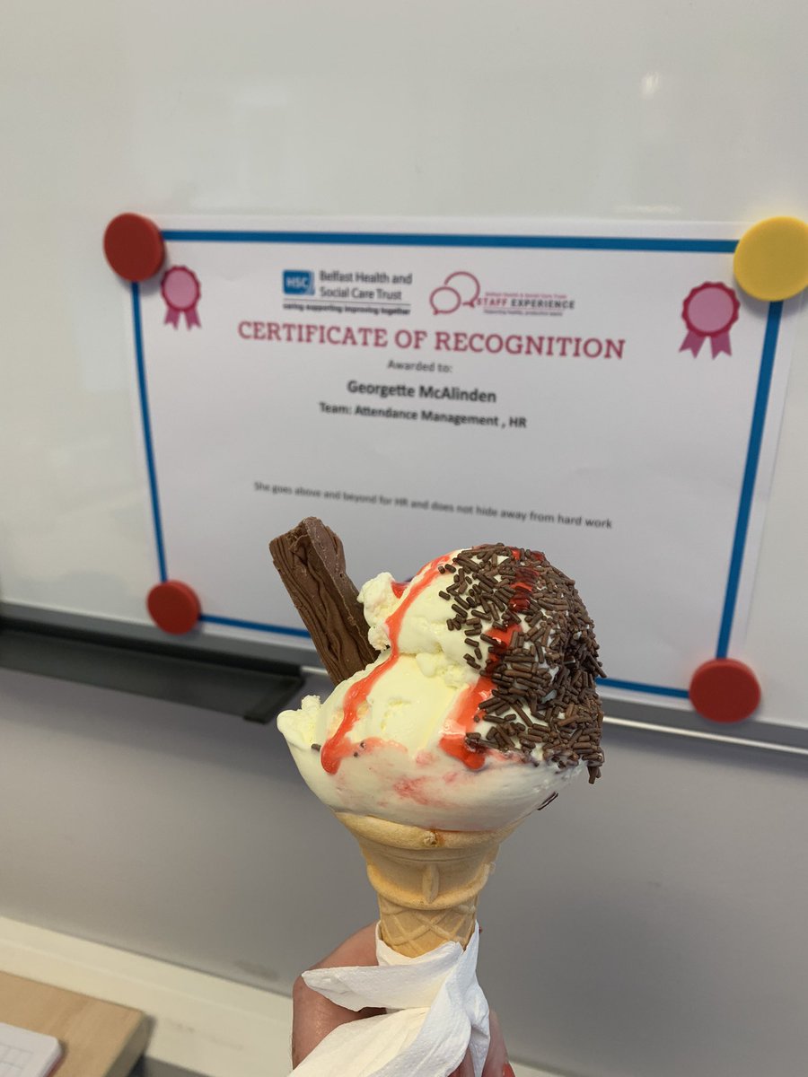 Georgette_mcali's tweet photo. Recognition comes in many forms 😍. Delighted to be nominated for a certificate of recognition and thanks to the @BelfastTrust HR Senior Team for our lovely treat of ice cream today, it’s very much appreciated! 🍦💕 #Recognition #Poke #IceCream #Thanks https://t.co/P7H3YLs9Qx