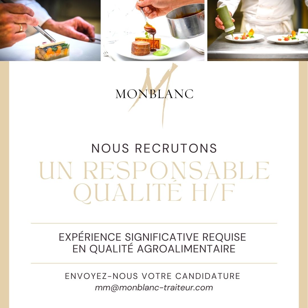 MaisonMonblanc's tweet photo. Recrutement d'un Responsable qualité H/F chez Monblanc Traiteur. Vous souhaitez donner un nouvel élan à votre carrière en intégrant une équipe dynamique et engagée, envoyez-nous votre candidature mm@monblanc-traiteur.com ! https://t.co/VvBUEDRHZB