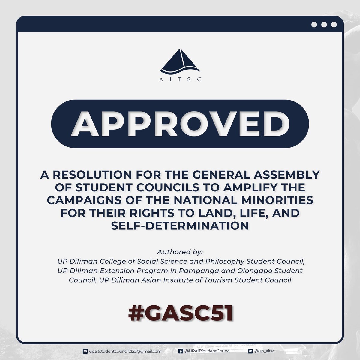 up_aitsc's tweet photo. #GASC51: Last August 31 and September 1, 2021, the 51st General Assembly of Student Council approves GASC Resolution No. 2021-10 and GASC Resolution No. 2021-25, co-authored by the UP Diliman Asian Institute of Tourism Student Council. https://t.co/gF5VRzPiCr