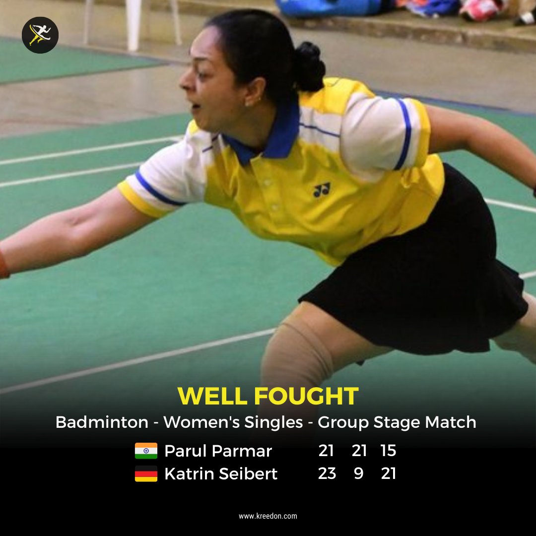 kreedonworld's tweet photo. YOU FOUGHT WELL
🇮🇳😟 The 48-year-old Parul Parmar's singles campaign comes to an end as she lost to Ukraine's Katrin Seibert in the 2nd group match in the Women's Singles SL4 category.
All the best @ParulBadminton
#praise4para #parabadminton #parulparmar #kreedon #Cheer4India https://t.co/3dLubvJkOW