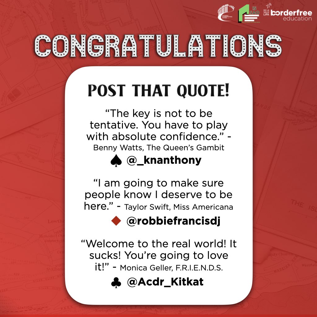 DLSLSSCB's tweet photo. Here's our last surprise for our SHS winners for #PostThatQuote! π₯
Your relatable quotes make us want to watch more series and movies. Congratulations, Aces! https://t.co/eehGhjlGVB
